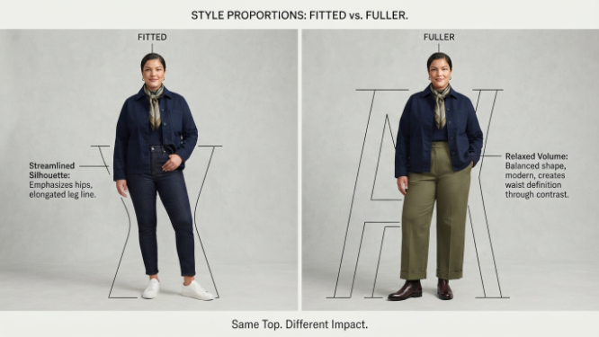 How to Choose Clothes, Comparison of outfit proportion using fitted versus fuller bottoms