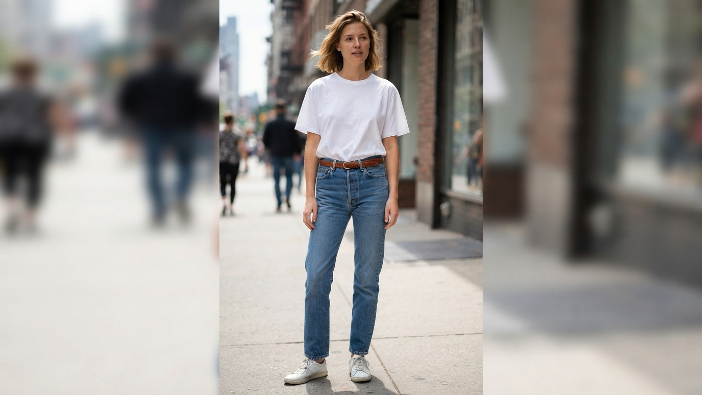 Woman wearing a French-tucked white t-shirt and jeans on a city street