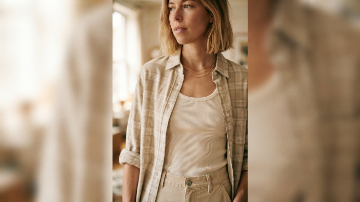 Easy Ways to Style Basic Clothes, Close-up of layered ribbed tank and open button-down shirt in neutral tones