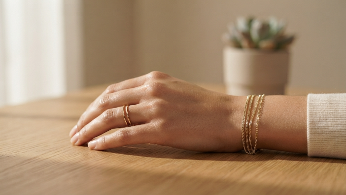 Fashion Trends 2026, Close-up of delicate gold rings and a layered bracelet on a hand resting on a table