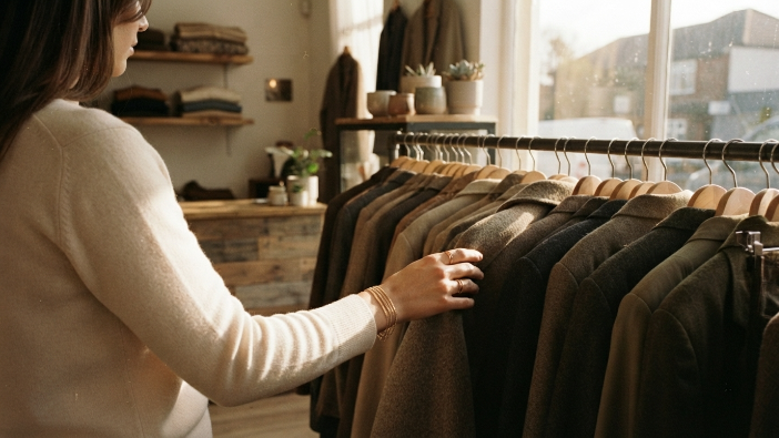 Woman browsing coats on a rack inside a secondhand clothing boutique