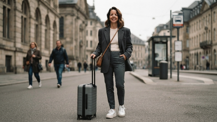 Ways to Style Oversized Clothes, Woman wearing an oversized coat with cuffed sleeves and cropped trousers showing ankles