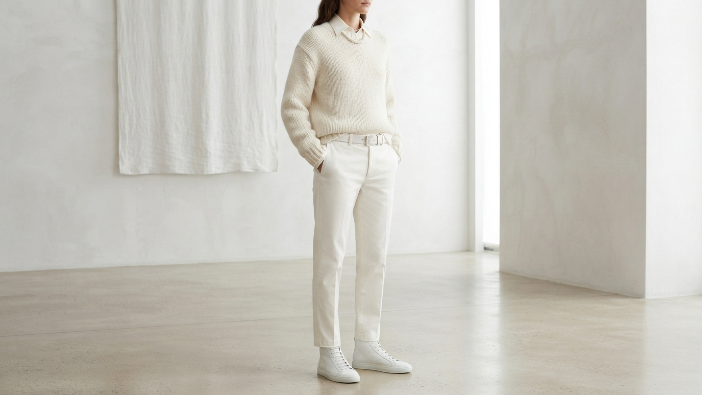 Best Color Combinations for Clothes, Person wearing an all-white monochrome outfit in a bright minimalist setting