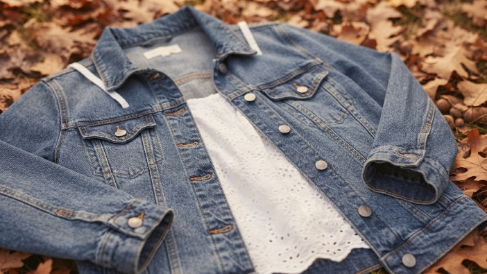 A close-up of hands adjusting a denim jacket over a sleeveless top, transitional seasonal styling.