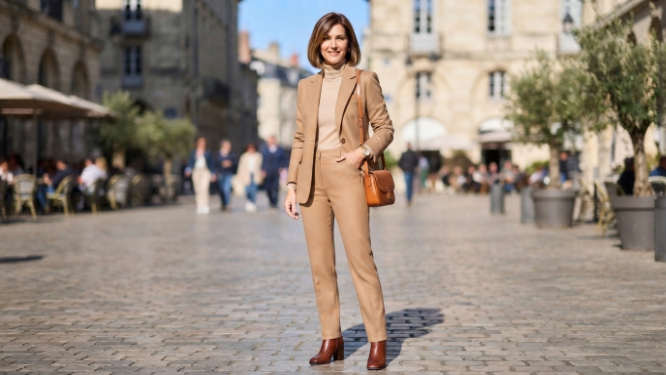 Stylish Outfit Ideas for Women Over 40, Elegant monochrome camel-toned tailored outfit for mature women's fashion