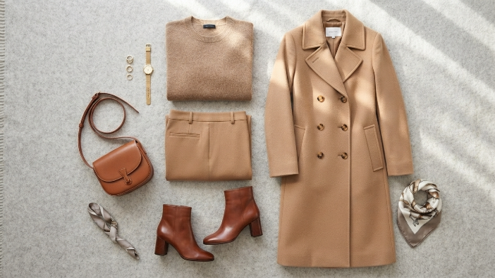 Flat lay of elevated wardrobe basics including cashmere sweater and tailored trousers