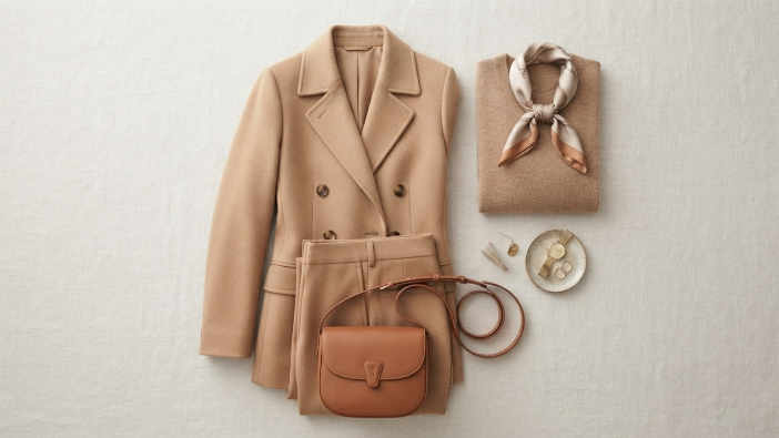to Make Your Clothes Look More Expensive and High-End, Flat lay of cohesive neutral wardrobe staples including blazer and structured bag
