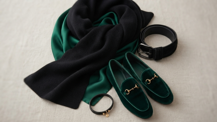 Best Color Combinations for Clothes, Close-up of emerald green and black accessories demonstrating a bold color pairing