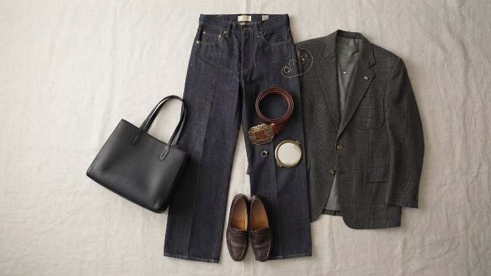 Flat-lay of affordable thrifted clothing pieces arranged for outfit planning.
