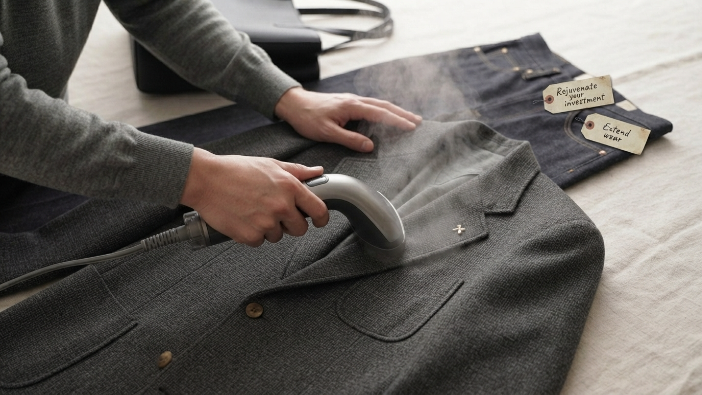 Budget-Friendly Fashion Tips, Close-up of garment care routine to maintain budget-friendly wardrobe pieces.