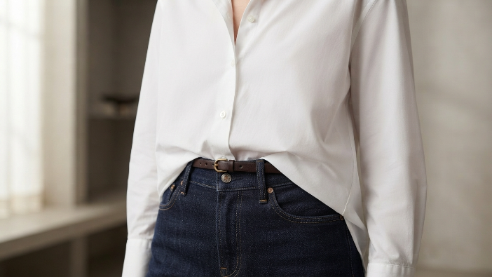 Simple Ways to Style One Pair of Jeans, Close-up of French tuck styling technique with jeans and a blouse.