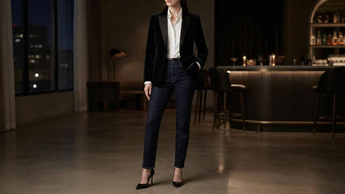 Simple Ways to Style One Pair of Jeans,    Jeans styled with a blazer and heels for an elevated evening outfit.