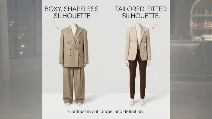 Fashion Mistakes That Can Make You Look Older, Comparison image of a boxy outfit versus a tailored, fitted outfit.