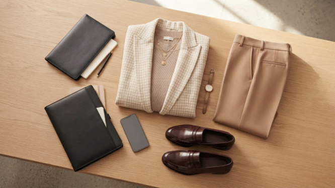 Flat-lay of a monochrome neutral outfit illustrating trending outfit ideas for 2026.